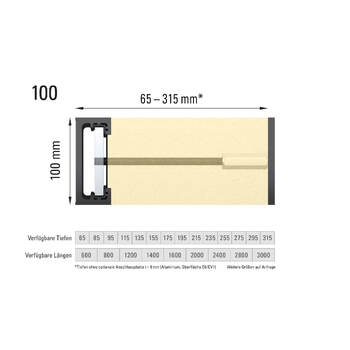 GLASSLINE FIX N SLIDE Lineare Anbindung - Höhe 100 mm Massbild  (Komplettbild mit opt. Adapterplatte)