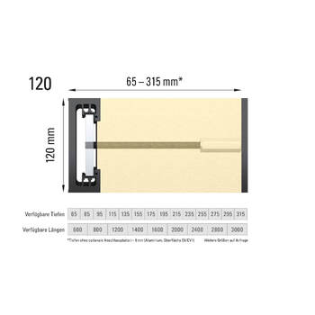 GLASSLINE FIX N SLIDE Lineare Anbindung - Höhe 120 mm Massbild (Komplettbild mit opt. Adapterplatte)